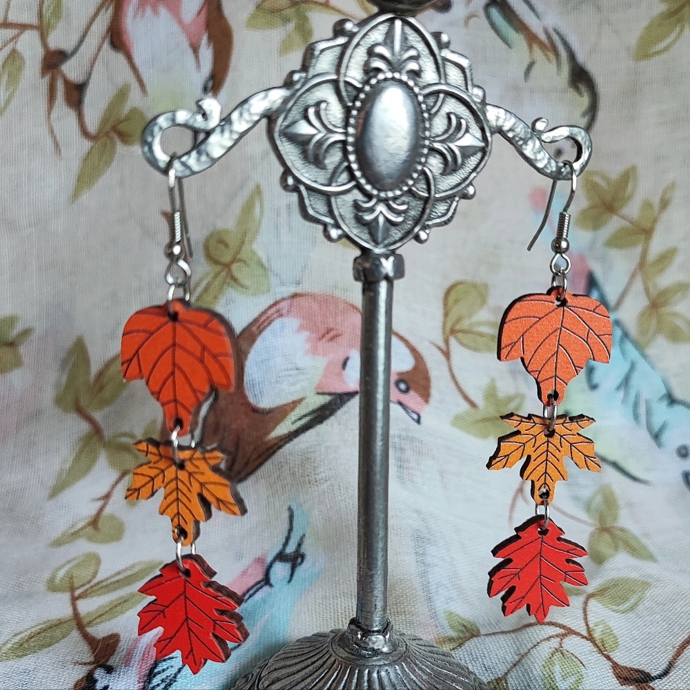 Leaves Wood Wooden Teardrop Earrings Fall Autumn Thanksgiving Jewelry NEW